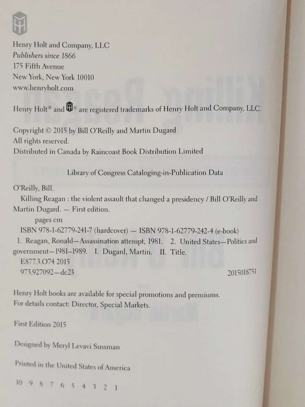 Killing Reagan Hardcover Book Bill O'Reilly 1st Edition Dust Jacket Signed